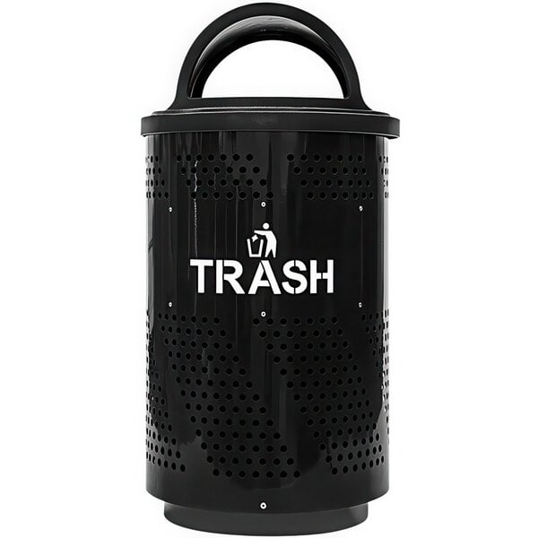 A black Ex-Cell Kaiser outdoor trash receptacle with white text reading "Trash" on the front.