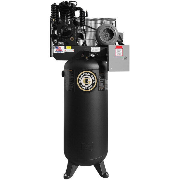 An Industrial Gold black air compressor with a white and yellow logo.