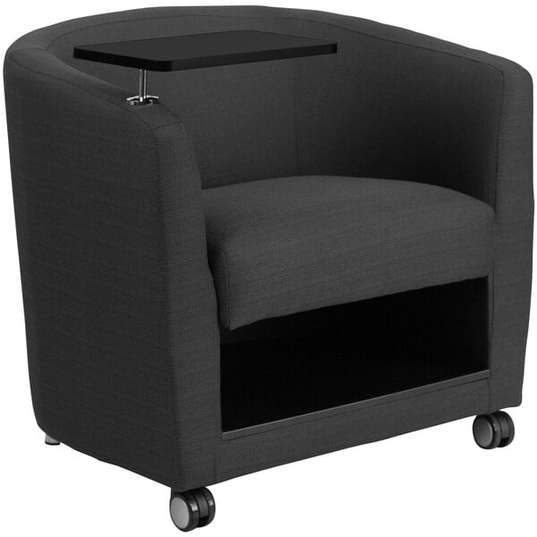 A black chair with front casters, a tablet arm, and under seat storage.