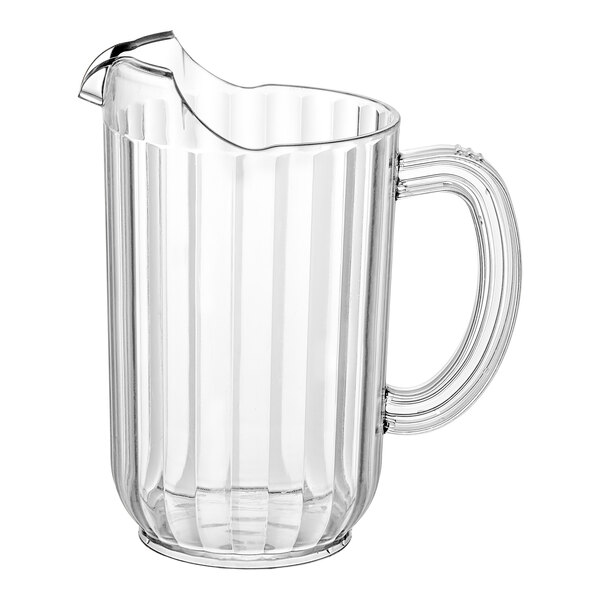 A clear polycarbonate pitcher with a handle.