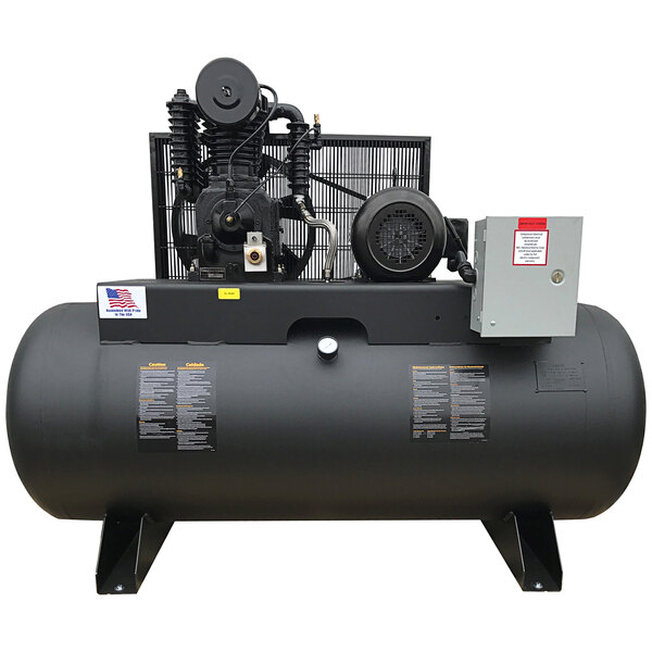 An Industrial Gold black horizontal air compressor with a large cylinder on top.