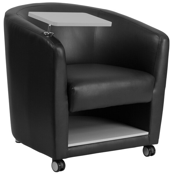 A black Flash Furniture LeatherSoft guest chair with a tablet arm and front casters.