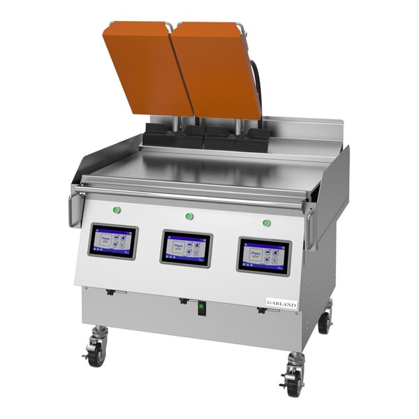 A commercial 36-inch natural gas clamshell griddle with two orange platens and digital easyTouch controls.