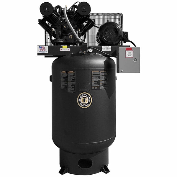 An Industrial Gold black vertical reciprocating air compressor.