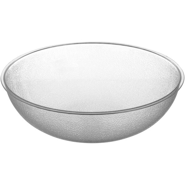 A clear pebbled polycarbonate bowl with a rim.
