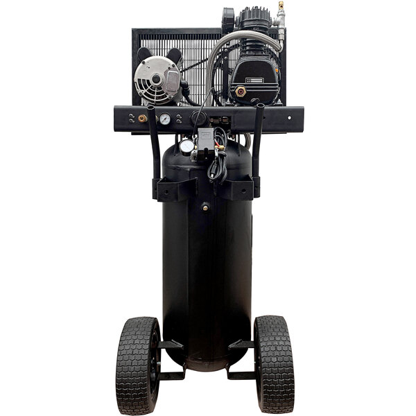 A black air compressor on wheels.