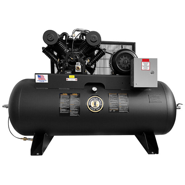 An Industrial Gold horizontal portable heavy-duty air compressor with black and silver components.