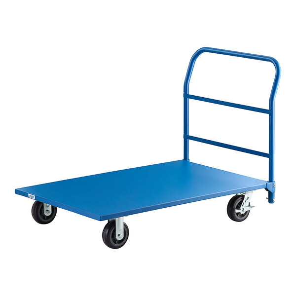 A blue Lavex platform truck with black wheels.