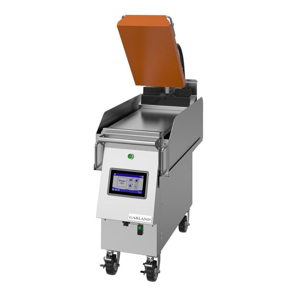 A commercial 12-inch liquid propane clamshell griddle with easyTouch controls and a touchscreen interface.