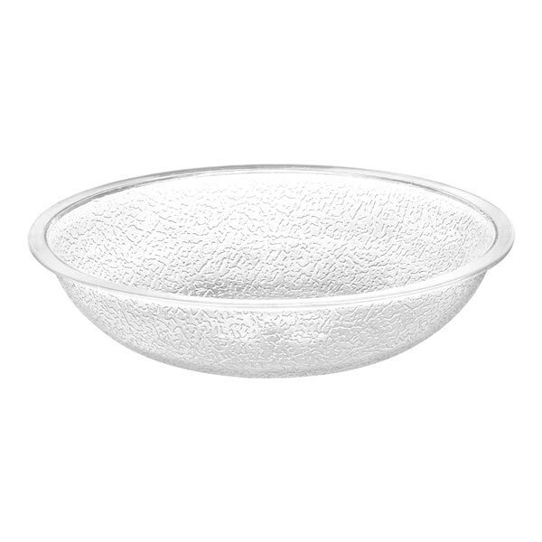 A clear pebbled polycarbonate bowl with a rim.