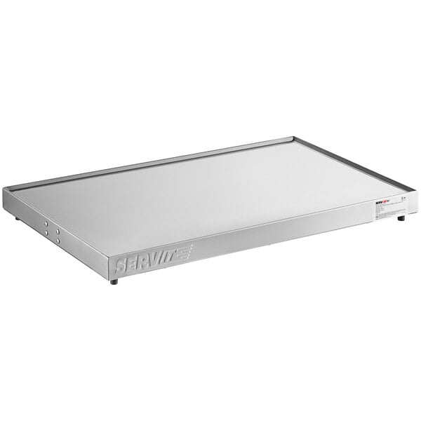 A white rectangular stainless steel ServIt heated shelf.