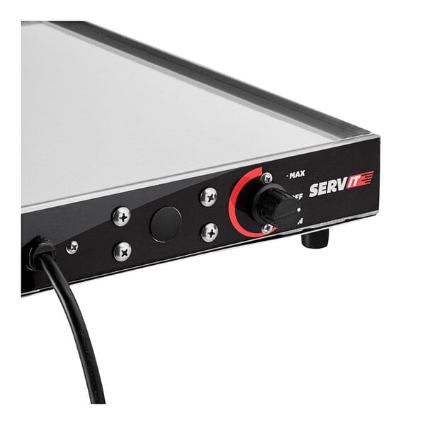 A close up of a ServIt stainless steel heated shelf warmer.