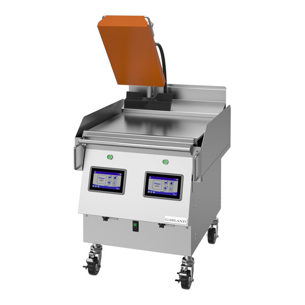 A commercial electric clamshell griddle with one platen and digital touch controls.