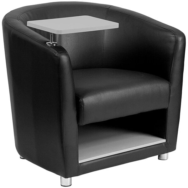 A black Flash Furniture leather guest chair with a tablet arm.