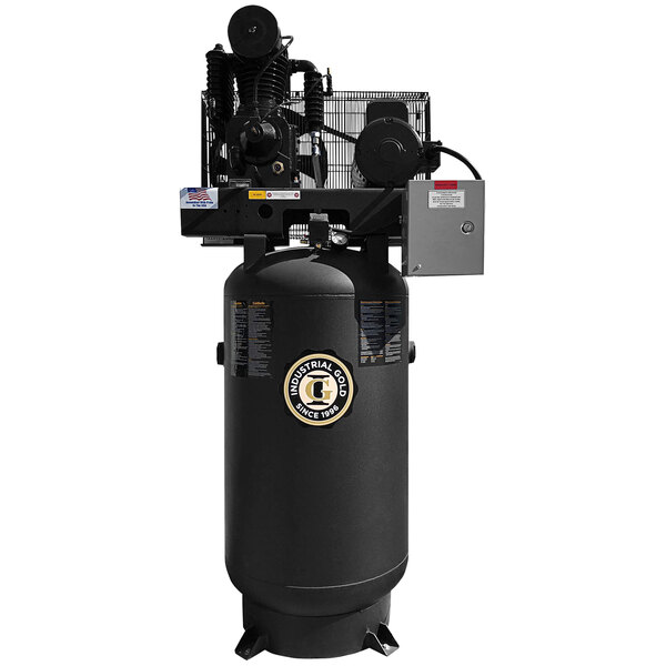 A black Industrial Gold vertical reciprocating air compressor.