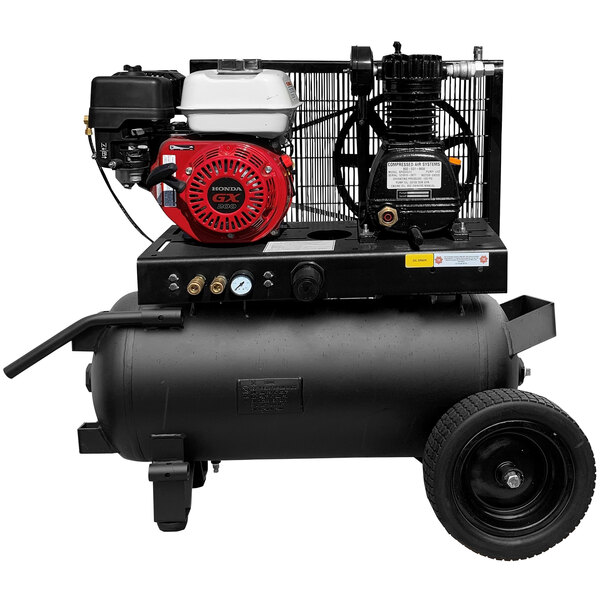 An Industrial Gold black and red wheel barrow style portable air compressor.