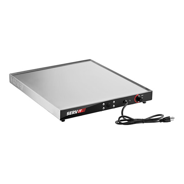 A rectangular stainless steel electronic device with a cord and buttons.