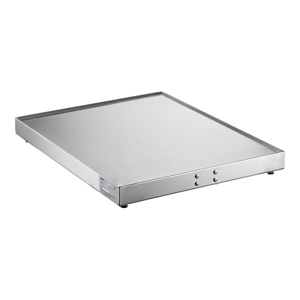 A silver rectangular ServIt heated shelf warmer with buttons on a counter.