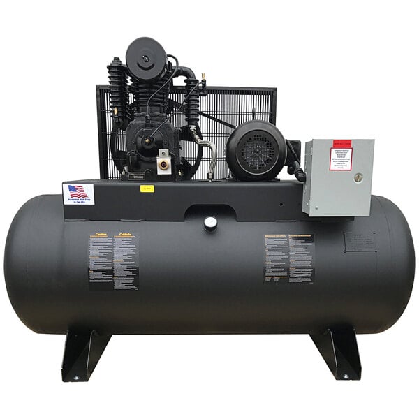 An Industrial Gold horizontal air compressor with a black tank and large cylinder.