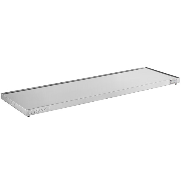 A stainless steel rectangular shelf with a white background.