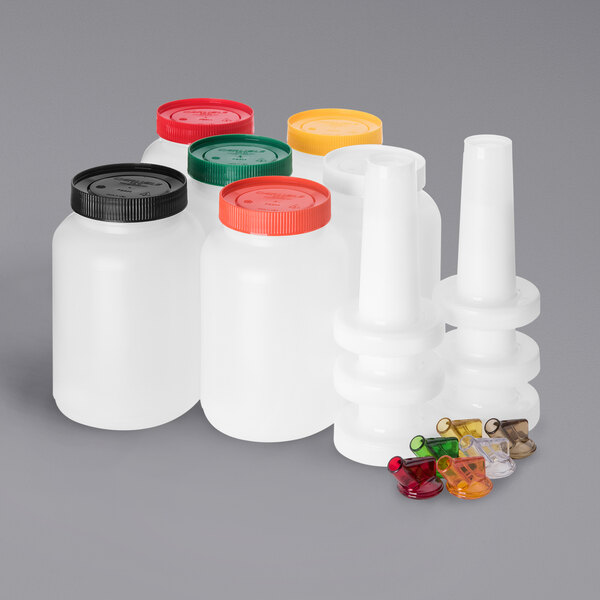 Carlisle Store N' Pour 1/2 Gallon Container Set with Assorted Color Caps,  Necks and Spouts PS701B00