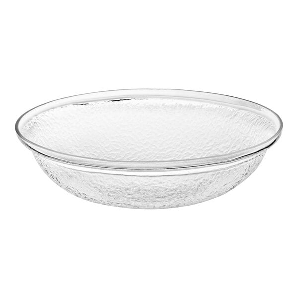 A clear pebbled acrylic bowl with a textured edge.