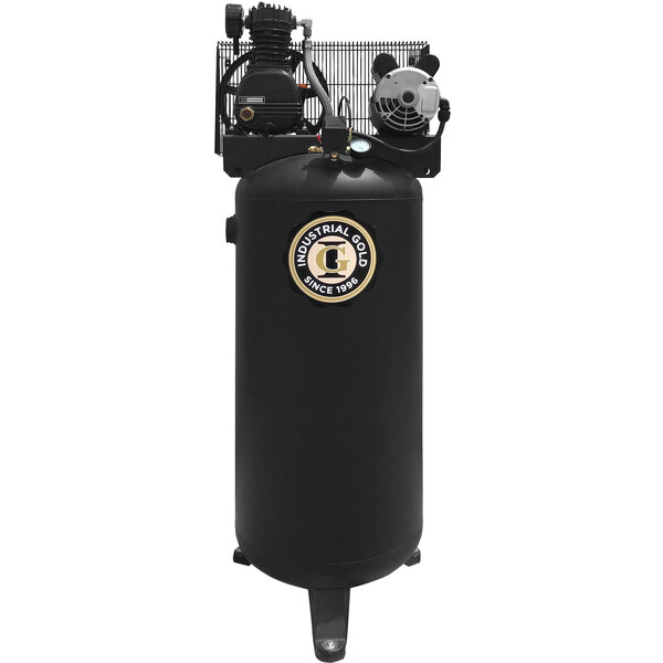 An Industrial Gold black vertical air compressor with a hose attached.