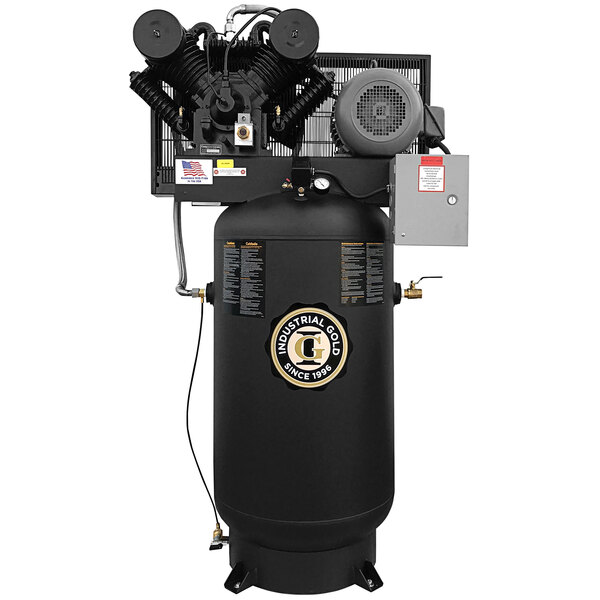 An Industrial Gold black and grey vertical portable air compressor.