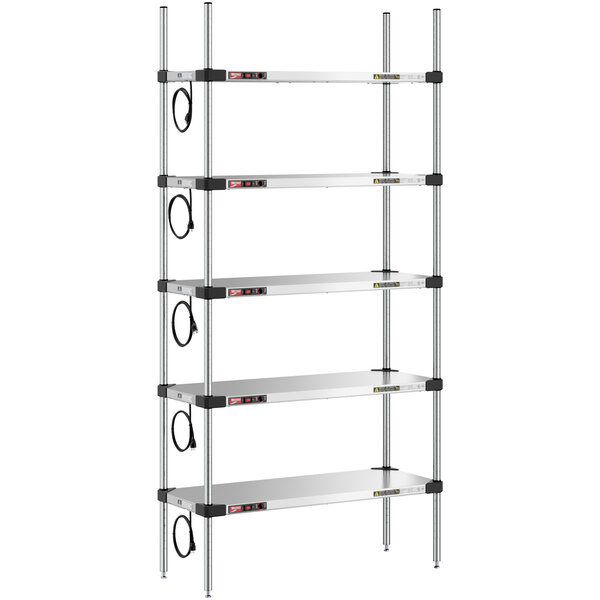 A Metro Super Erecta stainless steel heated takeout station with four shelves.