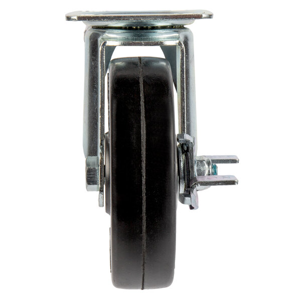 A close-up of a black Main Street Equipment caster wheel with a black rubber wheel and silver metal base.