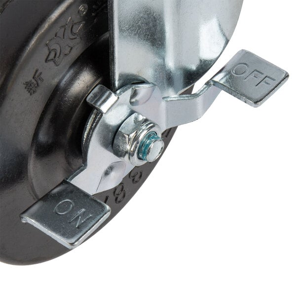 A close-up of a Main Street Equipment caster wheel with a metal bolt.