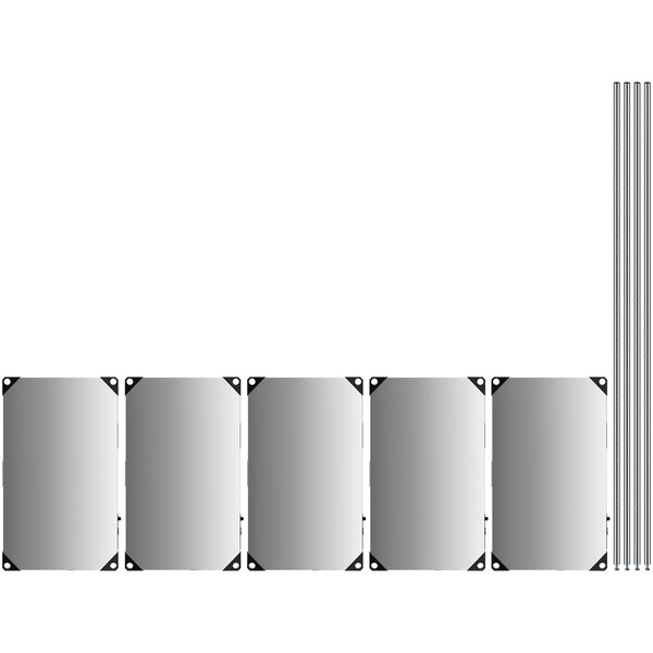 A white rectangular Metro heated stainless steel takeout station with black shelves on chrome posts.