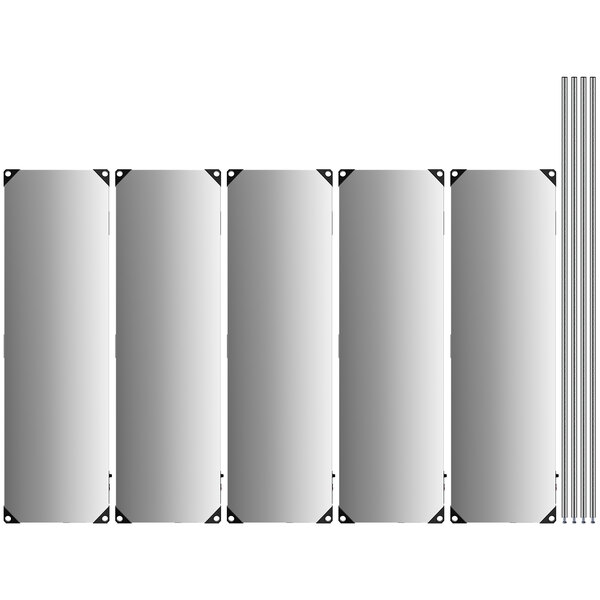 A row of rectangular stainless steel shelves on chrome posts.
