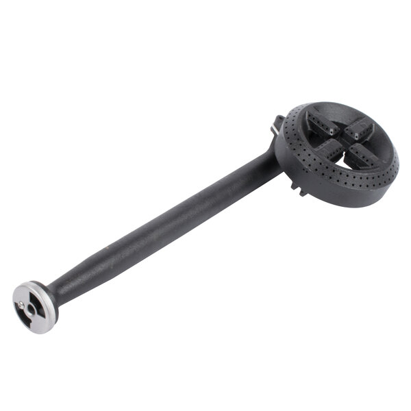 A black metal burner assembly with a round metal knob.