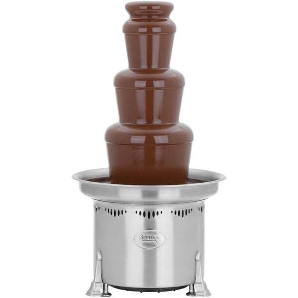 A Sephra chocolate fountain with a metal stand.