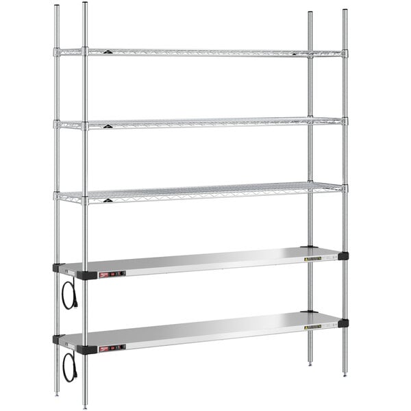 A Metro stainless steel shelving unit with two heated shelves, three chrome shelves, and chrome posts.