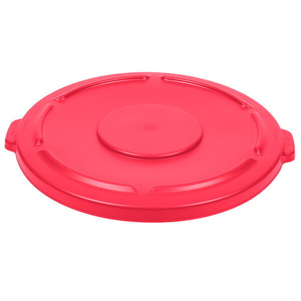 A red plastic lid for a Rubbermaid BRUTE trash can.