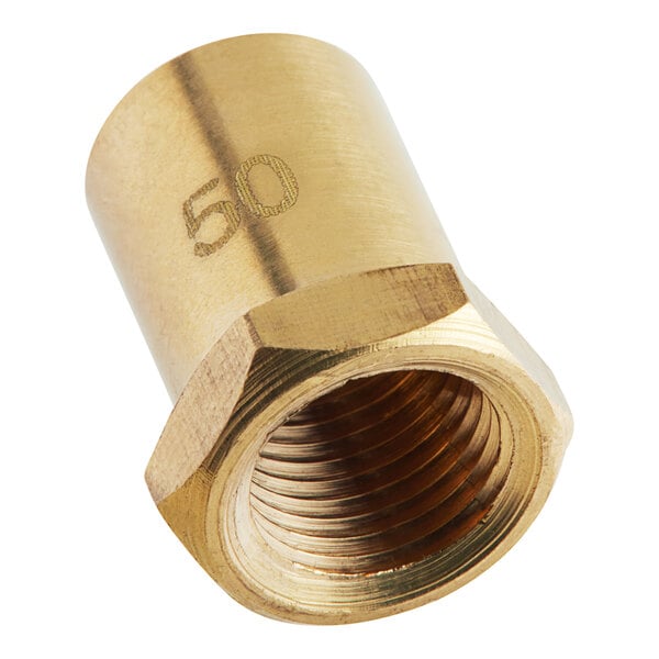 A gold metal nut with a number on it.