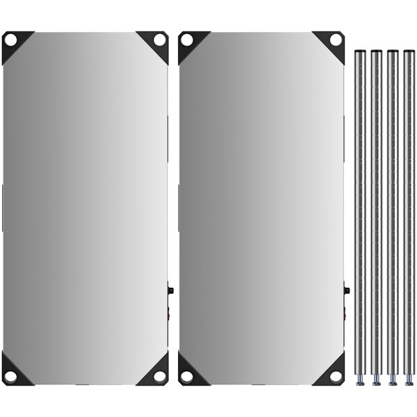 A Metro heated stainless steel countertop with metal shelves and posts.