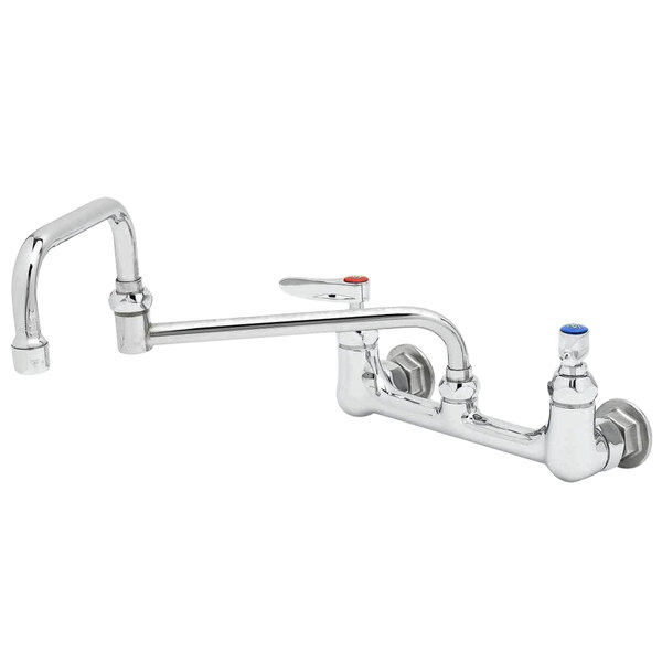 A chrome T&S wall mounted faucet with double-jointed swing spout and lever handles.