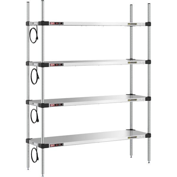 A silver Metro Super Erecta 4-shelf heated stainless steel takeout station with black cords.