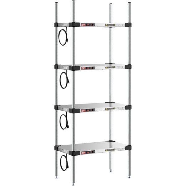 A Metro Super Erecta stainless steel heated takeout station with 4 shelves and chrome posts.