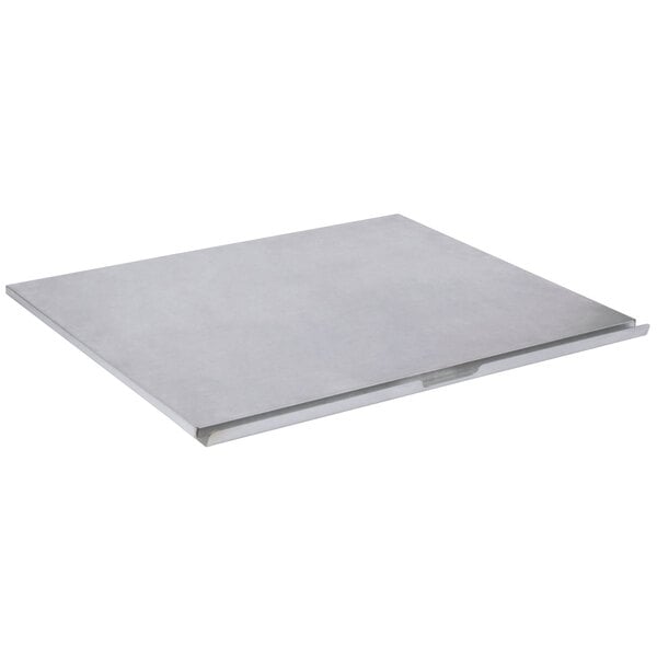 A stainless steel rectangular crumb tray for a Main Street Equipment range.