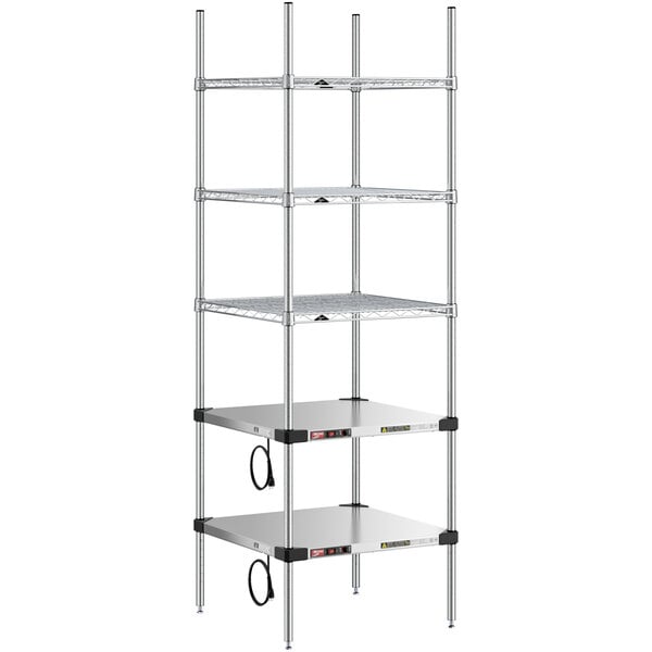 A Metro stainless steel shelving unit with heated and chrome shelves.