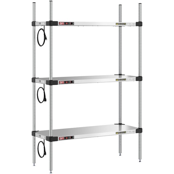 A Metro Super Erecta stainless steel heated takeout station with three shelves.