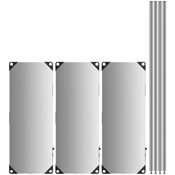 A Metro Super Erecta heated takeout station with three rectangular stainless steel shelves and metal poles.