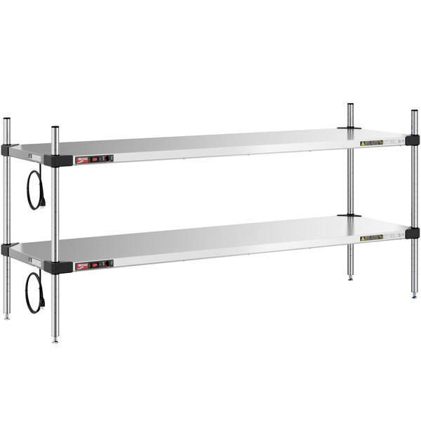 A stainless steel Metro countertop with two shelves on it.