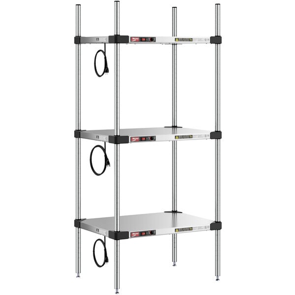 A Metro Super Erecta heated stainless steel shelf with three wire shelves.