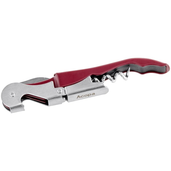 An Acopa waiter's corkscrew with a burgundy metal handle.