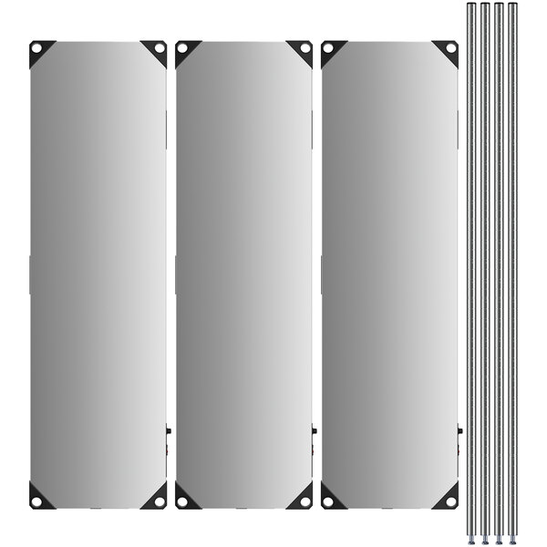 Three metal shelves with metal rods on a white background.